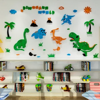 Kreslené karikatúry dinosaur world samolepky na stenu roztomilý nálepky chlapci a deti miestnosti posteli výzdoba materskej školy samolepky na stenu