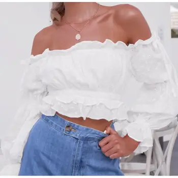 2019 Ženy Elegantný Dlhý Rukáv Bavlnené Tričká Topy Mimo Ramenný Sexy Oka Výšivky Femme Lomka Krku T-Shirt