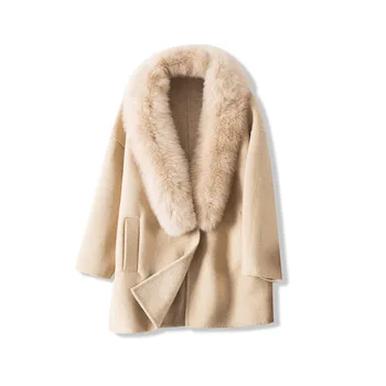 2020 Jeseň Zima Dámy Vlny Kabát s Originálnym Fox Kožušiny Golier Cashmere Ženy Dlho vrchné oblečenie