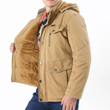 Pánske dlhé bavlnené kožušinový kabát s kapucňou windbreaker zimné nosenie v strednom veku módne oblečenie stojaci golier mnohými vreckami