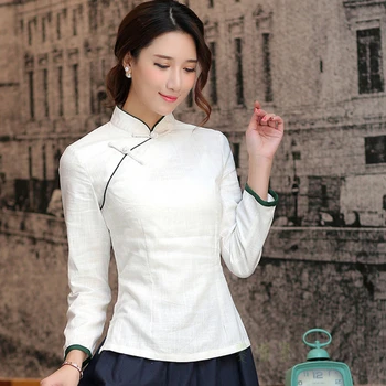 Biele Ženy Qipao Top Shirt топ Čínsky Národný Vietor Cheongsam Bavlna Retro Linajkované Cardigan Čínsky Štýl Tang Tričko topy ženy