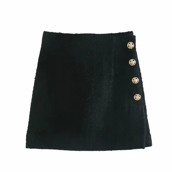 Vintage Elegantné Bočné Tlačidlá Tweed Mini Sukne Ženy Móda Späť Na Zips A-Line Sukne Bežné Jupe Femme