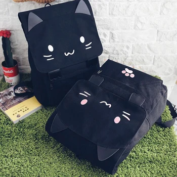 2021 Cute Cat Plátno Batoh Cartoon Výšivky Batohy Pre Dospievajúce Dievčatá Školské tašky Bežné Čierna Tlač Batoh mochilas