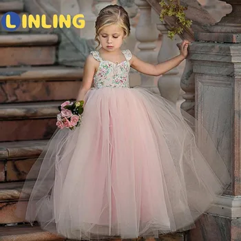 LINLING Ružové Dievčenské Šaty Pre Svadobné Tylu Čipky Dlho Dievča, plesové Šaty, Párty, Vianočné Šaty Deti Kostým Princezná V185