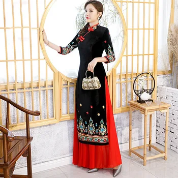 Čierne Velúrové Plus Veľkosť 5XL Čínsky Vintage Lady Qipao Módne Ručné Tlačidlo Cheongsam Novinka Čínskej Formálne Šaty