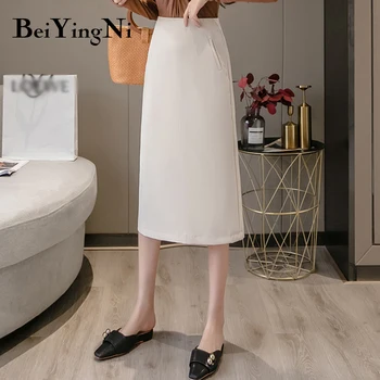Beiyingni Office Dámy Sukne Pracovné oblečenie OL Slim Vrecká Bežné kórejský Vysoký Pás Sukne Dámske Vintage Ulici Formálne Midi Saias