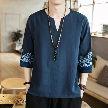 Tradičná Čínska Top pre Človeka Retro tvaru Polovičný Rukáv Hanfu Tričko Letná Vlna Výšivky Muž Topy Ázijské Harajuku T-shirt
