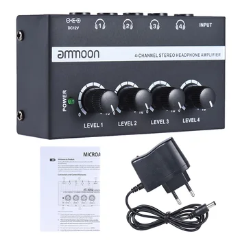 Ammoon HA400 Ultra-kompaktný 4 Kanály Mini Audio Stereo Slúchadlový Zosilňovač s napájacím Adaptérom na Hudobné nástroje, Príslušenstvo