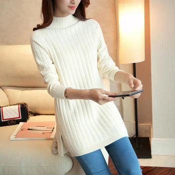 2020 jeseň zima nové dámske svetre svetre uprostred dlho klesnutie tričko, sveter kórejský voľné pol-vysoký golier bundy