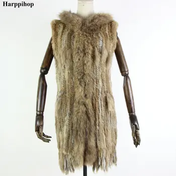 Harppihop* Ženy Novú Originálnu Králik Kožušiny Vesta S Kapucňou Módne Mýval Kožušiny Golier Viest, Teplé Prírodné Kožušiny Dlho Gilet