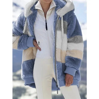 Zimné ženy bunda módne Oblečenie pre patchwork vrecká na zips, zimná bunda s Kapucňou retro voľné Dlhý Rukáv Plus Veľkosť Ženy, stierka