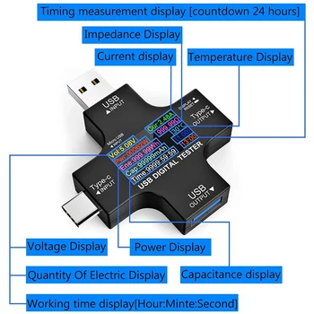 USB C Tester,2 v 1, Typ C, USB Tester Farba Sn IPS Digitálny Multimeter,Napätie,Prúd,Výkon,Odpor,Teplota,s Klip