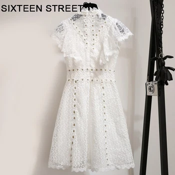Biela čipka ročník mini šaty žena stojí krku krátky rukáv duté z elegantné party krátke šaty Nové jar leto sexy vestido