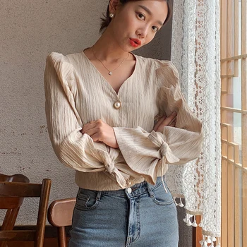 Vintage Ženy Blúzky kórejský 2021 Elegantné Bežné Luk Pevné Perly Atraktívnemu tvaru Vysoko Kvalitné Voľné Všetkých Zápas Žien Košele 9970