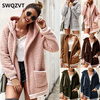 Cardigan fleece bunda ženy, jeseň, zima s kapucňou základné dámy bundy kabáty 2020 teplá ružová ženy kožušinový kabát outwear oblečenie DR835