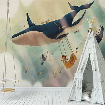 Vlastné 3D nástennú maľbu Cartoon Tvorivé Sky Veľryba Detí Spálňa Pozadí Steny Dekor Abstraktných De Parede Infantil 3D Tapety