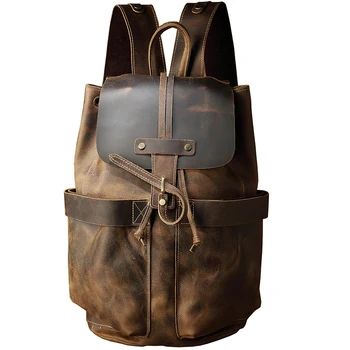 Veľkú kapacitu človeka cestovná taška ručné Olej pravej Kože šnúrkou vedro taška cez rameno Daypack Muž horolezectvo batoh