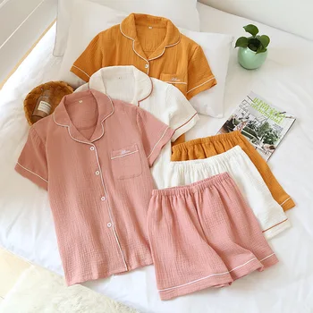 Japonský lete pár pyžamo vyhovovali bavlna, krep dámske jednofarebné jednoduché krátke puzdre tričko pyžamo šortky pánske domov služby