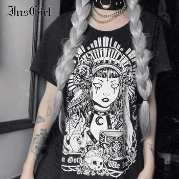 InsGirl Tmavé Goth T-shirt Ženy Punk Čarodejnice Tlač Krátky Rukáv Voľné Grafické Tees Y2K Street In Elegantný Módy Sexy Tumblr Oblečenie