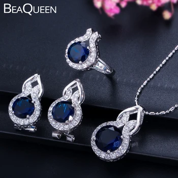 BeaQueen Módne Dámy Rýdzeho Striebra 925 Šperky Sady Kolo Blue Sapphire Cubic Zirconia Náhrdelníky Náušnice a Prsteň JS012