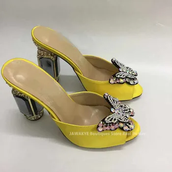 Sexy sandále ženy crystal motýľ uzol dekor diamond vysoké podpätky drahokamu šaty papuče pre dámy letné svadobné topánky