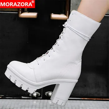 MORAZORA 2020 Najnovšie členková obuv ženy kolo prst vysoké podpätky platformu topánky šnurovacie jeseň zima punk topánky žena Krátke topánky