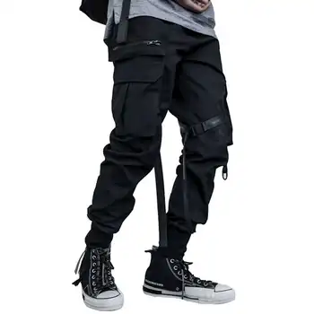 Muži black kamufláž stuhy multi vrecká cargo nohavice hip hop, punk hárem nohavice mens príležitostných zips streetwear hiphop joggers