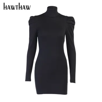 Hawthaw Ženy Jeseň Zima Dlhý Rukáv Turtleneck Bodycon Soild Farba Čierna Slim Mini Šaty 2020 Ženské Oblečenie, Streetwear