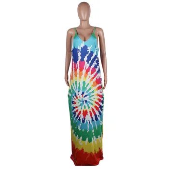Rainbow Tie Dye Sexy Boho Plážové Šaty Žien Špagety Popruh Backless Dlho Maxi Šaty Letné V Krku Bez Rukávov Plus Veľkosť Šaty