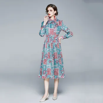 NOVÉ Elegantné Vintage Šaty Módne Bežné Ženy, Dlhý Rukáv Vysoký Pás Midi Šaty Kvetinový Vytlačené Slim Zavesené Šaty vestidos
