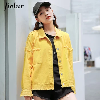 Jielur 5 Farieb kórejský Jeseň Denim Jacket pre Ženy Farbou Lumbálna Vrecká Žena Bunda Streetwear BF Jean Kabát