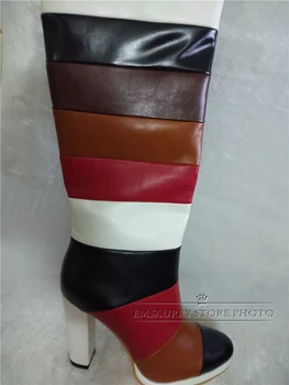 Farebné Zmiešané Farby Kolená Vysoké Topánky Ženy Britský Štýl Bočné Zip Robustný Päty Kolo Prsty Patchwork Dlho Botičky Pre Ženy