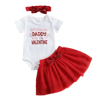 2021 Baby Leta Valentine Oblečenie 3ks Dieťa Dievča Oblečenie Vyhovovali Módne List Romper a Sequin Luk perlinkové tkaniny Sukne s hlavový most
