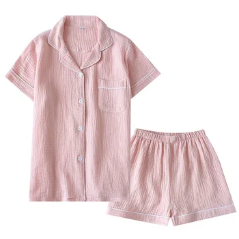 Japonský štýl nové letné dámske bavlnené double-layer krepové gázy-krátke rukávy pyžamo šortky oblek veľkosť domáceho poskytovateĺa ženy