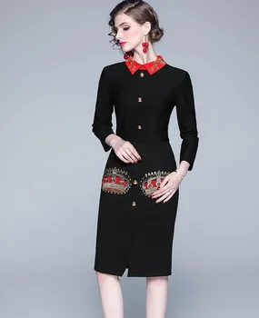 2019 Jeseň Zima Ženy Elegantné Office Vintage Šaty Crown Výšivky Šaty Dámske Slim Zápästie Rukáv Split Ceruzka Šaty