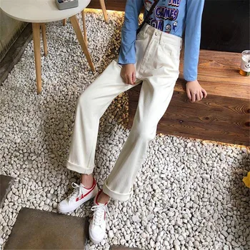 Bavlna Čisto biele Voľné Širokú Nohu, Džínsy Ženy Vysoký Pás Celej Dĺžke džínsové nohavice 2020 Harajuku kórejský priateľ Módne Nohavice
