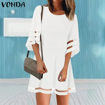 Biele Šaty Elegantné Ženy Sundress 2021 VONDA Vintage 3/4 Svetlice Rukáv Duté Strany Vestido 2021 Dovolenku Šaty Plus Veľkosť