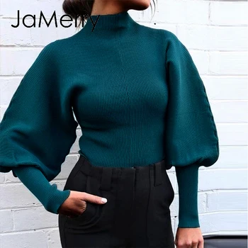 JaMerry Jeseň zima pletený sveter Vysoký golier Svietidla Rukáv voľné žien sveter High street fashion Green office 2020