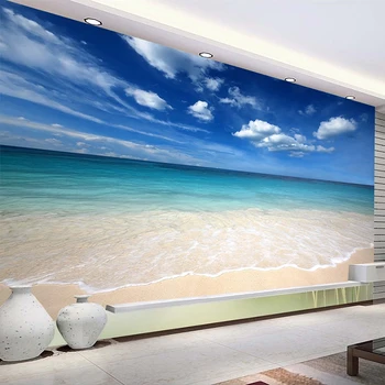 Vlastné Modrá Obloha, Biele Oblaky Piesočnatá Pláž s Morskou Vodou 3D Foto Tapety nástenná maľba Abstraktných De Parede Obývacia Izba, Spálňa Tapety na Stenu