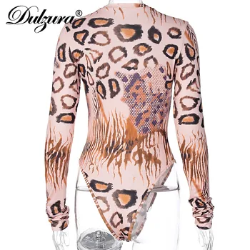 Dulzura Leopard Zviera Tlače Ženy Kombinézu S Dlhým Rukávom O Krk Bodycon Sexy Streetwear 2020 Jeseň Zimné Oblečenie Klub Tela