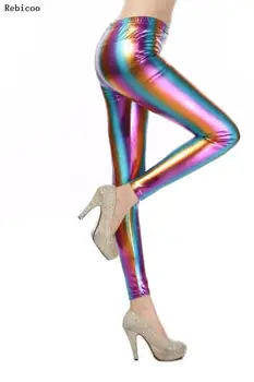 Dámske Hologram Kovové Rainbow Legíny Lesk Neon Pruhy Vytlačené Vysoký Pás Nohavice Faux Kožené Strany Clubwear