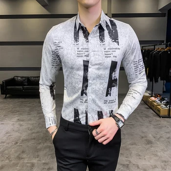 2020 NOVÉ Luxusné Tričko Mužov List Tlačiť Bežné Slim Fit Šaty Dlhý Rukáv Košele Klubu Strany Streetwear Sociálne Smoking Oblečenie