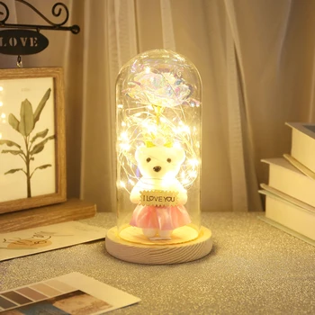 Rose Medveď Umelé Večný Kvet Dome Sklenený Kryt Lampy s LED Svetlo Dekoračné Narodeniny, Svadba valentínske Nový Rok Darček
