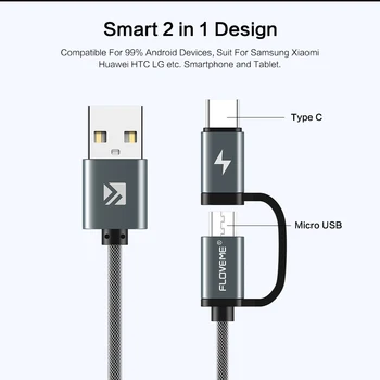 FLOVEME QC 3.0 USB Kábel Micro USB, Typ C 2 v 1, Rýchle Nabíjanie Kábel Pre Samsung Galaxy S9 Note8 Pre Huawei p20 Redmi poznámka 5 pro