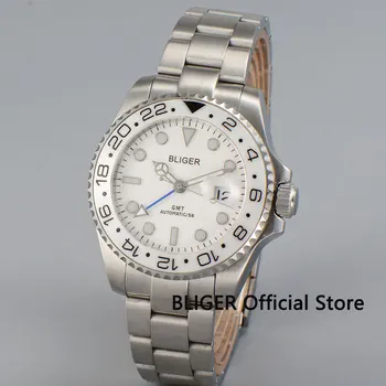 Pevné Bliger 43mm biela dial keramická fazeta GMT funkcia svetelný známky, strieborná farba prípade automatického pohybu pánske náramkové hodinky B26