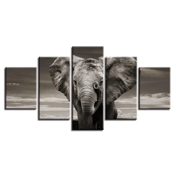 Plátno Obrázky Pre Obývacia Izba HD Vytlačené 5 Ks Slon Šedé Obrazy Domova Zvierat Plagáty na Stenu Umenie Modulárny Rámec