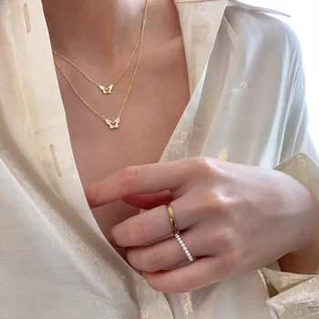 2020 Nové Jemné, Elegantné kórejský 18k Zlatom Crystal Plné Hladké Dvojité Motýľ Vrstvený Náhrdelníky Pre Lady Ženy Šperky