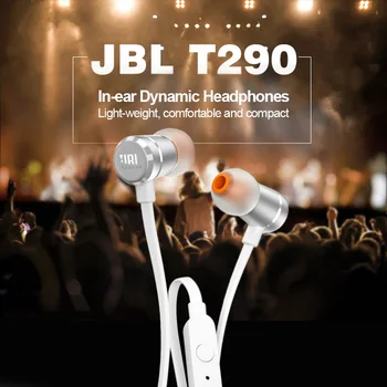 Veľkoobchod 5 ks/veľa Originálnych JBL T290 In-Ear Káblové Stereo Slúchadlá Športové Hliníkové Slúchadlá Pure Bass Headset S Mikrofónom