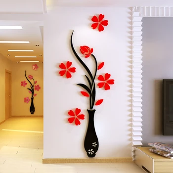 Elegantný Kvetinové Vázy Stenu, Nálepky 3D Akrylové Výzdoba Na Chodbe Wall Art Obývacia Izba Tapety DIY Jedáleň Stenu