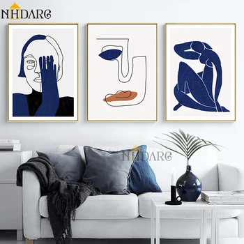 Minimalistický Ľudských Modrá Štýl Wall Art Plátne, Plagát, Tlač Módne Vintage Abstraktnej Maľbe Obrázok pre Obývacia Izba Domova
